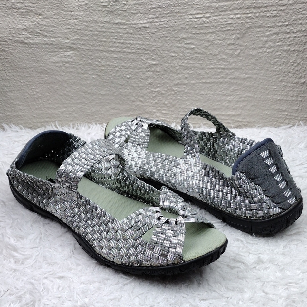 Corkys Ring Silver Metallic Woven Fabric Round Open Toe Slip On Mary Jane Sandal